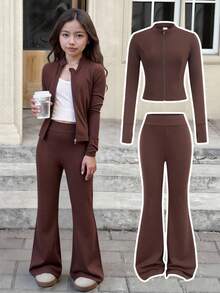 SHEIN 青少年女孩休闲纯咖啡棕色长袖上衣和喇叭裤两件套，适合秋冬季日常穿着 - 咖啡棕 - 查看 10