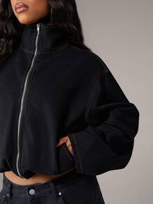 Denimoi High Neck Zip Front Barrel Sleeve Cinched Waist Denim Jacket Denim Cropped Jacket Fashion Denim - Black - View 4