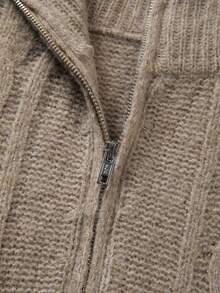 SHEIN Fiorisel Fall Winter Mead Tone Oat Cable Knit Half Zip Collar Straight Mini Sweater Dress - Khaki - View 4