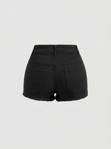 SHEIN 青少年女孩休閒牛仔短褲，附口袋，破洞磨損與毛邊下擺 - 黑色 - 查看 5