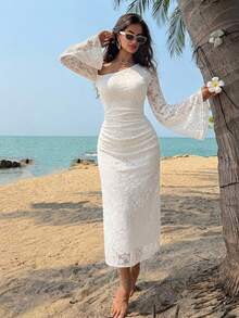 DAZY Women's Elegant Lace Asymmetric Ruched Long Dress, Spring/Summer Sundress - White - View 4