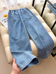 SHEIN Tween女孩牛仔褲 2026秋冬新款 女孩復古做舊寬腿牛仔褲 可愛愛心刺繡 Y2K 學院風 街頭風 - 藍色 - 查看 2
