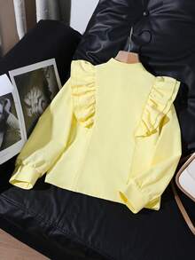 SHEIN Elladie kids 青少年女孩優雅刺繡蕾絲花瓣領公主長袖襯衫 長袖上衣 秋季服飾 教師風格襯衫 幼女適用 - 黃色 - 查看 3