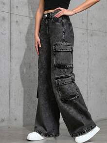 SHEIN 少女高腰工装口袋阔腿宽松休闲牛仔裤 - 黑色 - 查看 3