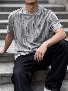 Resyla Men 男士寬鬆版型短袖T恤，線條印花圖案設計，舒適面料，休閒日常百搭 - 彩色 - 查看 3