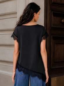 Selenza Damen Satin Design Spitze Besatz Pullover Asymmetrisch Kurzarm Asymmetrische Spitze Patchwork Lässig Minimalistisch Locker Pendeln Schwarz Hemd T-Shirt Sommer Neu - Schwarz - Übersicht 2