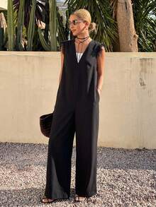 FRIFUL Women's Solid Color Deep V-Neck Shoulder Patchwork Sheer Mesh Straight Leg Loose Casual Versatile Spring Outfit Jumpsuit - Black - View 5