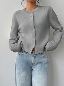 SHEIN Tall CURVE 大尺碼休閒傳統純色圓領長袖寬鬆短版女款開襟針織衫，適合辦公室教師穿著，粉色，秋季 - 淺灰色 - 查看 4