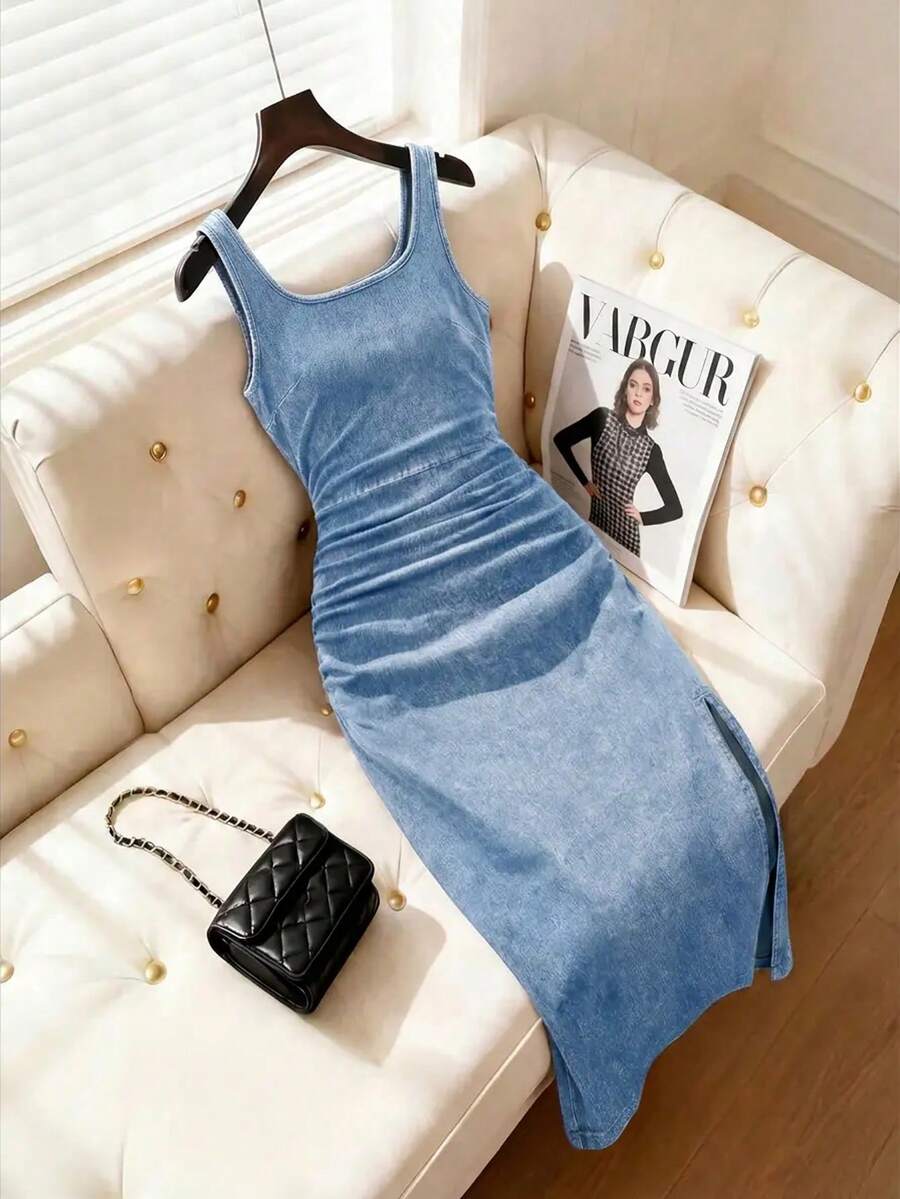 SHEIN MOD 女款夏季休閒抓皺修身無袖牛仔洋裝 - 淺色水洗藍 - 查看 1