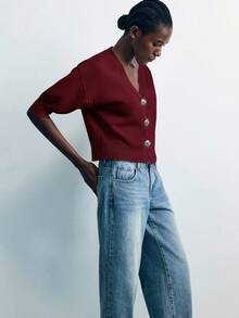 Maija Women's Solid Color Front Button Short Knit Cardigan, - Burgundy - View 5