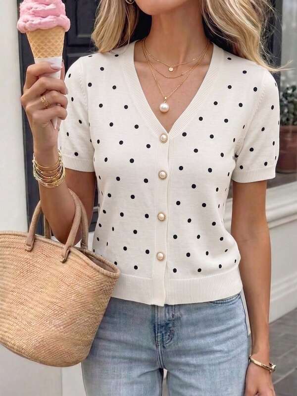 SHEIN PariChic New Summer Elegant French Style Commute Casual Daily Wear Concert Street Style, French Polka Dot Knit Cardigan, French V-Neck Top, French Beige Cardigan, Beige Short Sleeve Cardigan, Unique Pearl Button Top, Women's Vacation Knit Top, Casual Knit Top, Women's Holiday Knit Top, Summer Beach Cardigan