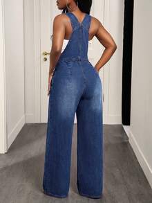 Jeanoix Petite Overall Denim Kasual Kancing Wanita Gaya Streetwear Sehari-hari untuk Acara Malam Hari, Liburan, Warna Biru Musim Panas - Dark Wash - View 2