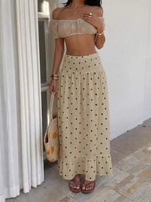 Sunnyshic 女款春夏波點荷葉邊裙襬修身海灘休閒度假風半身裙 - 卡其色 - 查看 6