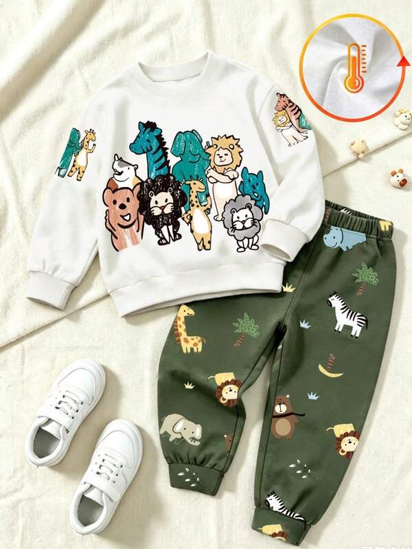 SHEIN Boys Cream Dark Green Color Block Cartoon Animal Print Sweaters Set Fall Loose Casual Long Sleeve Sporty Cute Tops Pants
