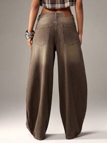 Denimoi Button Detail Wide Leg Barrel Jeans Fashionable Streetwear Statement Jeans Boyfriend Jeans - Rust Brown - View 5