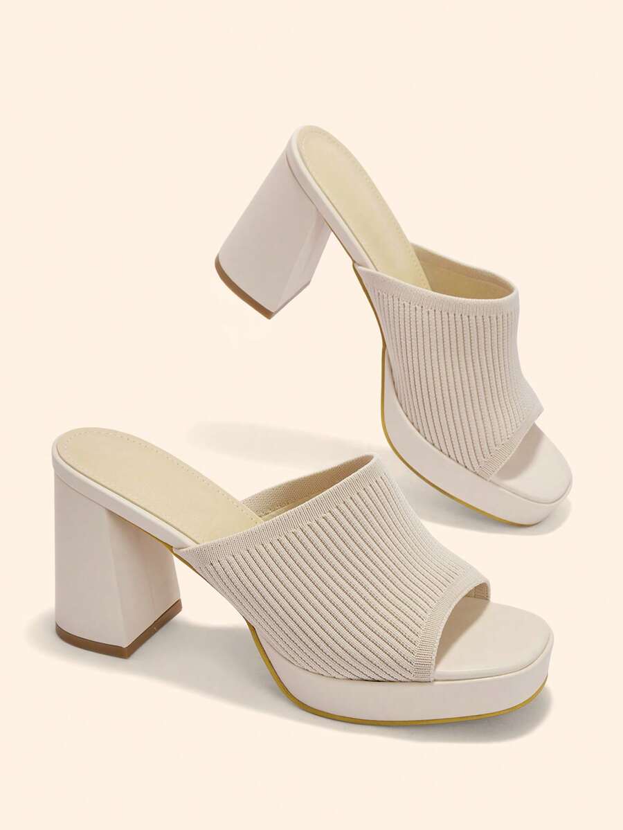 CUCCOO BASICS Women's Beige Knit Peep Toe Sexy Mule Sandals With Thick Platform And Chunky High Heel For Commuting - Beige - View 1