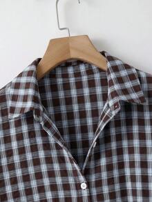 SHEIN CURVE+ 大尺碼女款格紋落肩長袖單排扣休閒襯衫 - 彩色 - 查看 5