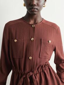 Aalyst Women's Button Half-Placket Long Sleeve Waist Tie Casual Shirt - Brown - View 9