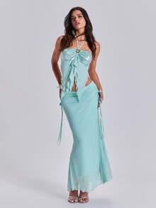 ACID BLVD 夏季度假性感海洋贝壳装饰拼接下摆抹胸美人鱼裙女装两件套 - 藍色 - 查看 6