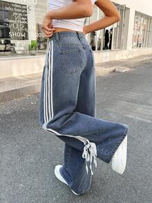 SHEIN Teen Girl Y2K Fashionable Stripe Bowknot Baggy Loose Fit Vintage Casual Denim Straight Leg Jeans With Slanted Pockets, Spring Summer Break Fall Winter - Medium Wash - View 2