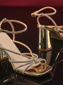 SHUZIA Women Comfortable Block Heel Rhinestone Party Shoes Square Toe Rose Gold - Rose Gold - View 6