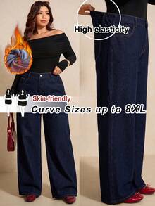 SHEIN PETITE CURVE 大尺碼時尚百搭鈕扣口袋寬鬆牛仔褲 - 藍色 - 查看 9