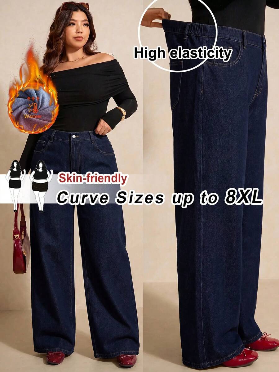 SHEIN PETITE CURVE بنطلون جينز فضفاض متعدد الاستخدامات بأزرار وجيوب مقاس كبير - الأزرق - مشاهدة 1