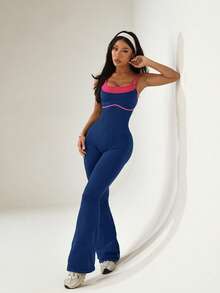 Dewbera Dewbera Women's Colorblock Casual Daily Seamless Athletic One-Piece Long Pants - Navy Blue - View 5