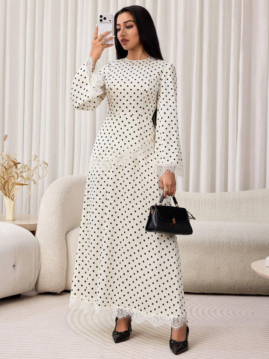 Veilorie Women's Elegant Satin Lace Patchwork Polka Dot Arabian Dress - Multicolor - View 1