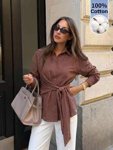 Serisse Women's Cotton Waist Tie Casual Elegant Versatile Daily Wear Shirt Teachers' Day Office Brunch Dark Brown Autumn Tie Front Button Up Blouse - Brown - View 2