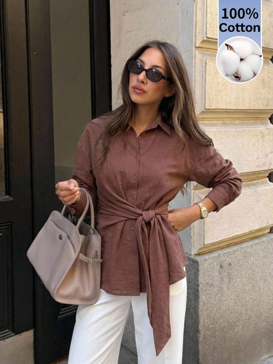 Serisse Women's Cotton Waist Tie Casual Elegant Versatile Daily Wear Shirt Teachers' Day Office Brunch Dark Brown Autumn Tie Front Button Up Blouse