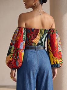 Structelle Bohemian Boho African Print Open Shoulder Petal Sleeve Crop Top Women's Red And Yellow Beach Vacation Holiday Vacation Summer Blouse - Multicolor - View 2