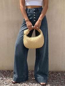 Livesso Women's High Waist Loose Distressed Long Denim Jeans - Dark Wash - View 5