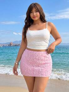 GalTyme Rok Bodycon Elegan Berpayet Bunga untuk Wanita Ukuran Plus - Baby Pink - View 8