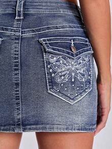 ACID BLVD Y2K Vintage Low-Waist Butterfly Embroidered Adjustable Contrast Color Denim Mini Skirt For Women - Blue - View 3