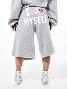 SUMWON X PAUL FRANK SUMWON WOMEN Celana Pendek Fleece Lebar Bergambar Monyet dengan Tali Serut di Pinggang dan Cetakan Belakang yang Mencolok - Grey - View 1