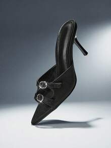 SHUZIA Women Elegant Pointy Toe Rhinestone Buckle Slip-On Heel Sandals - Black - View 7