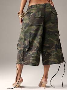 Denimoi Oversized Cargo Jorts Camo Jorts Fashion Bottoms Fashionable Streetwear Fall Fashion - Army Green - View 5
