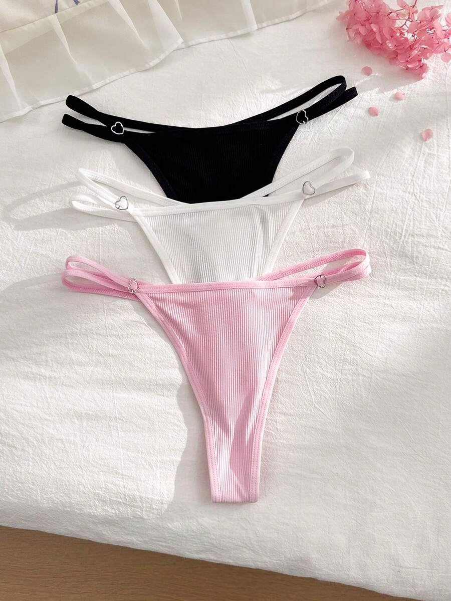 SHEIN 3pcs Ribbed Soft Comfortable Double Thin Strap Plus Size Thong Set - Multicolor - View 1