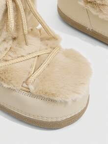 CUCCOO SZL Light Apricot Full Plush Splicing Medium Tube Snow Boots Women's, Surrounding Drawstring Round Toe Thickened Flat Bottom Simple Outdoor Boots - Light apricot - View 5
