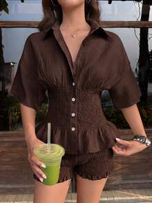 MainGRL Women's Solid Color Single-Breasted Short Sleeve Top And Shorts Casual Daily Set - Brown - View 4