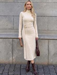 SHEIN Autumn New Slimming Metal Decor Asymmetrical Shoulder Cinched Waist Knit Long Sleeve Sweater Dress - Apricot - View 4