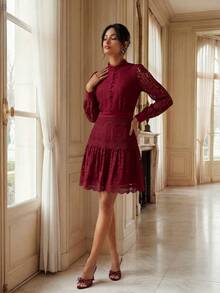 Anewsta Women's Summer Lace Long Sleeve Elegant Mid-Length A-Line Red Burgundy Dress - Red - View 3