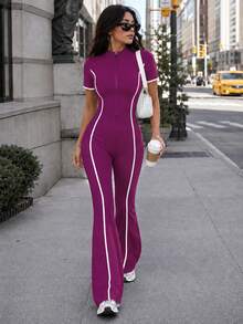 Sirith 1 buah Jumpsuit Lengan Pendek Model Mengembang dengan Resleting Setengah dan Kerah Tinggi Warna Ungu Putih Kontras, Potongan Slim Bodycon, Cocok untuk Olahraga, Aktivitas Sehari-hari, dan Musim Panas - Purple - View 5