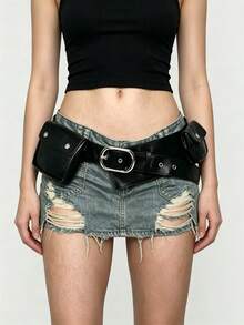 ROMWE Grunge Punk Y2K Punk Style, Black Metal Rivets, Gas Eyes, Multiple Pockets, Adjustable Metal Buckle, Women's Fanny Pack, - Black - View 1