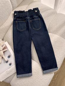 SHEIN Girls' Pastoral All-Match Versatile Ruched Waist Campus Style Fashion Denim Jeans - 深色水洗藍 - 查看 2