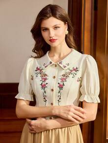 Vintamour Vintage Elegant Women's Blouse With Ditsy Floral, Embroidery, Peter Pan Collar, Ruffle Trim, Gathered Detail, Button Front, Casual Vacation Holiday Top - Apricot - View 5