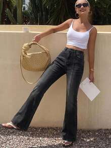 DAZY Women's Korean Style Washed Flared Distressed Casual Jeans Petite - Blue - View 3