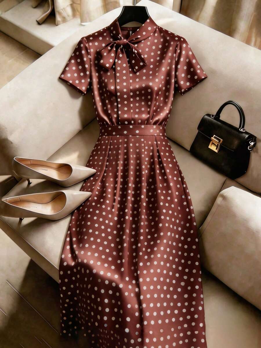 Franclia Women's Tie Neck Short Sleeve Blouse Skirt Vintage 70s French 2 Pieces Set Office Garden Party Date Tea Party Brown And White Polka Dot Summer - Coffee Brown - View 1