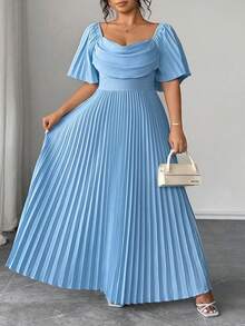 SHEIN CURVE+ Plus Size Blue Ruffled Petal Sleeve Pleated Hem Midi Dress, Suitable For Spring, Summer, Autumn - Blue - View 5